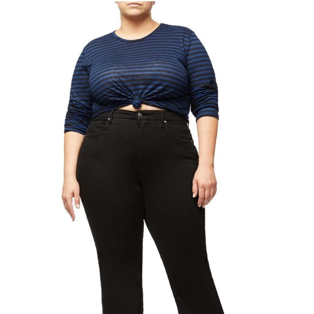 Good American Long Sleeve Linen Crew Neck Shirt, Black/Blue, Size 14/16 (XL) NWT